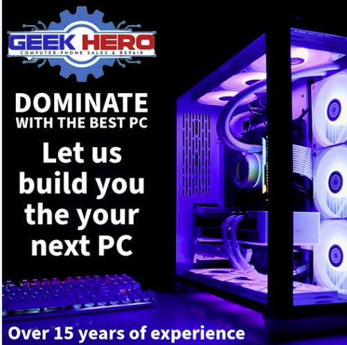 Custom-built gaming PC with RGB lighting by Geek Hero